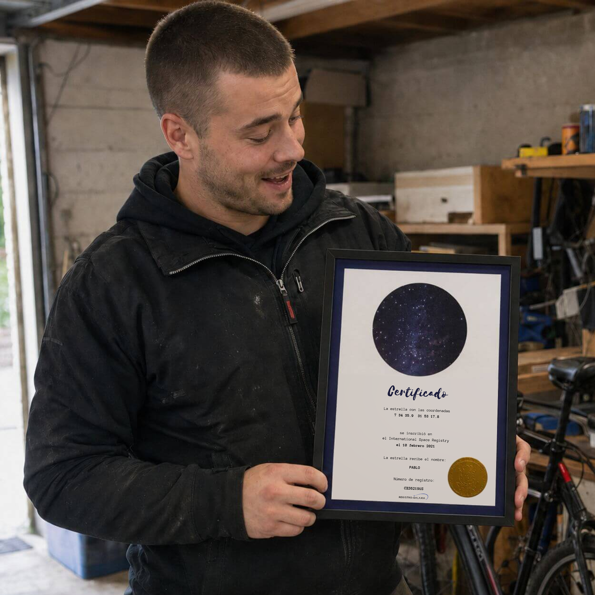 Hombre mostrando su certificado de estrella en español